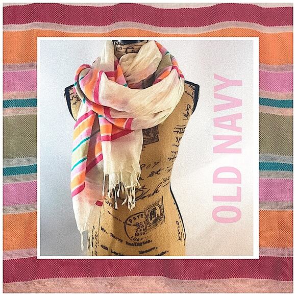OLD NAVY Orange Pink and Green Stripe Soft Ivory Scarf with Fringe Edge - Picture 2 of 8